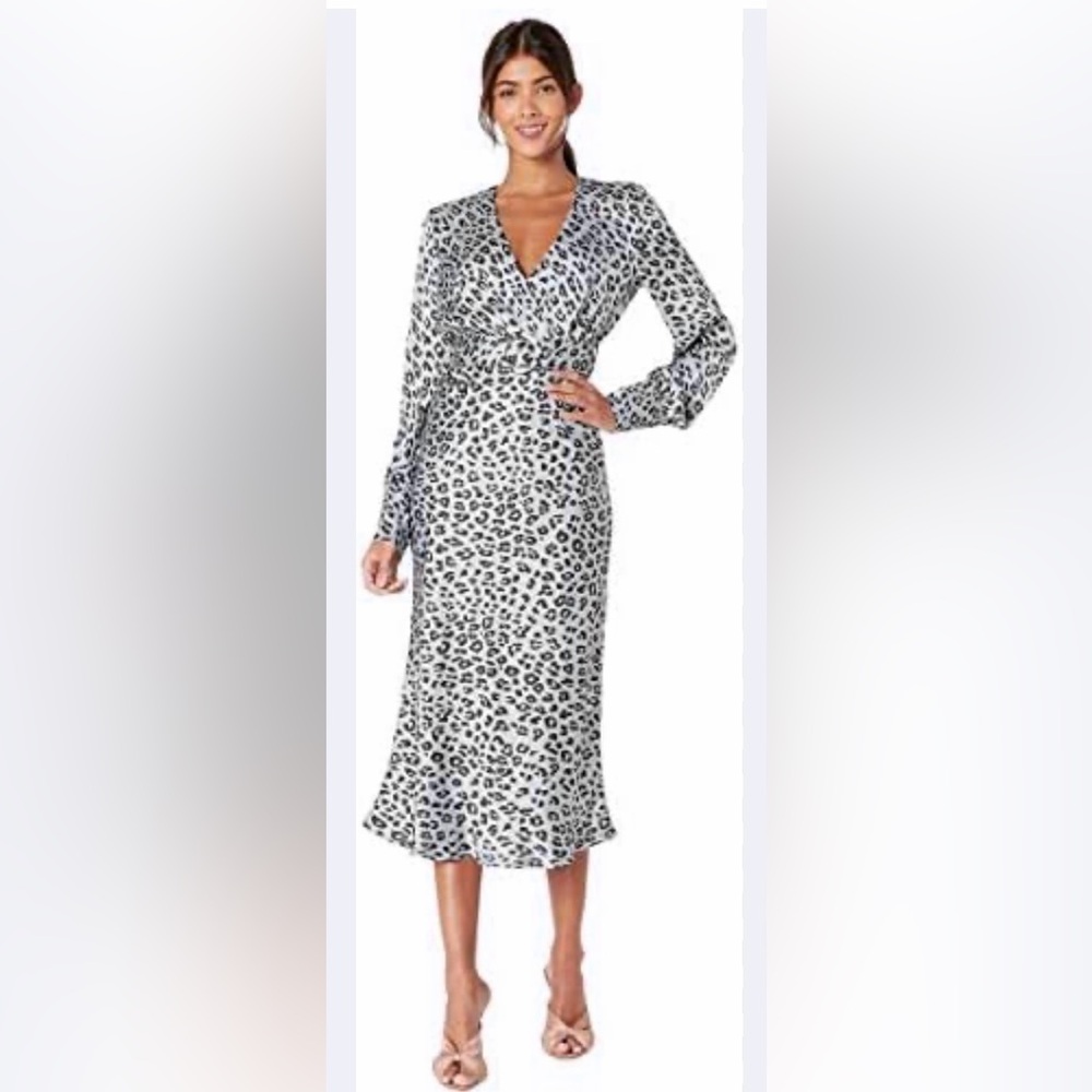 NWT Bardot Long Sleeve San Diego Faux Wrap Midi Dress in Steel Blue Leopard ZB1